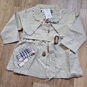 Girl 2T Beige Trench Coat with Plaid Accents